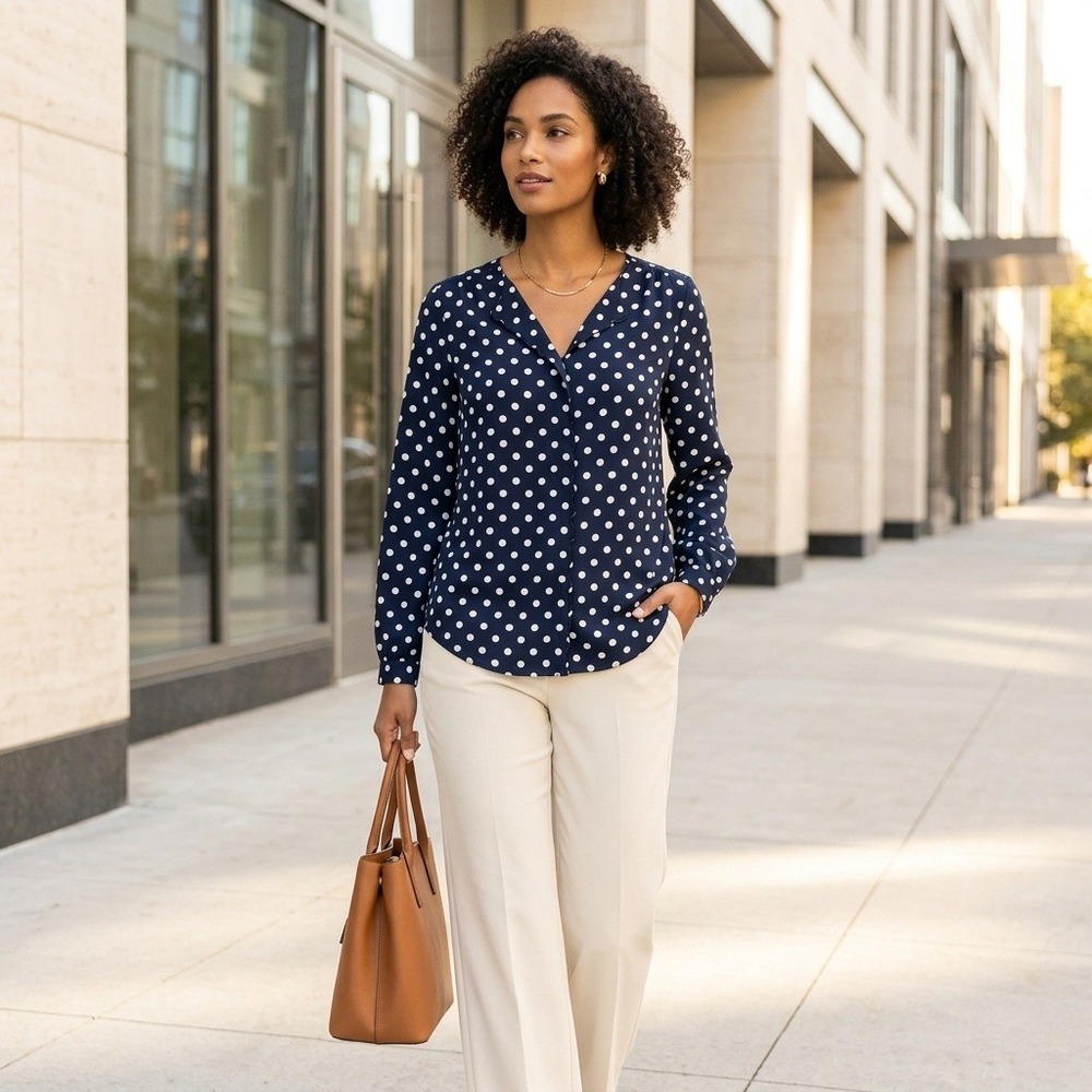 J.Crew Navy Blue White Polka Dot Scallop Trim V-Neck Blouse Medium